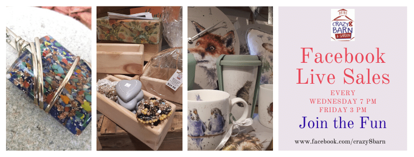 Crazy 8 Barn Facebook Live Sale promotion with jewellery, DIY kits and Wrendale mugs