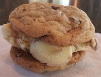 ice cream sandwich made with chocolate chip cookies