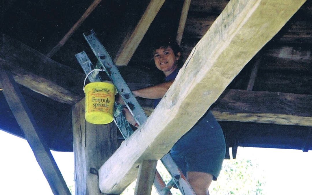 Susanne Spence Wilkins working inside barn to dismantle in 2003