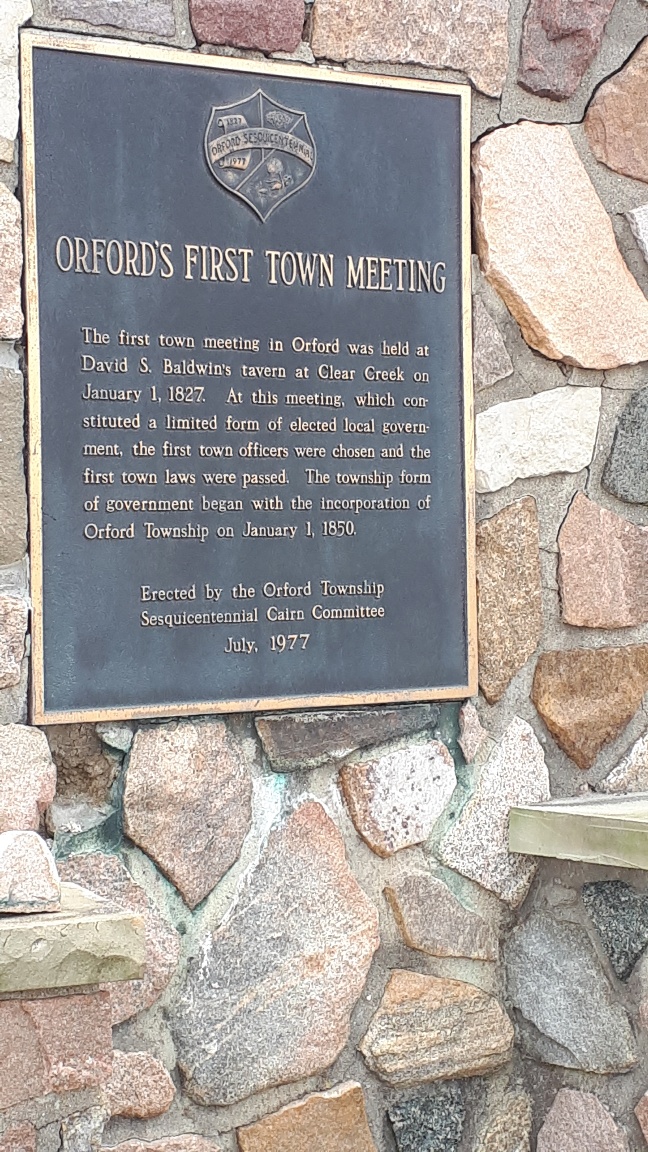Orford Township First Council Meeting in 1827 is recognixed on a bronze plaque on a stone cairn at the entrance to the Bury Cemetery
